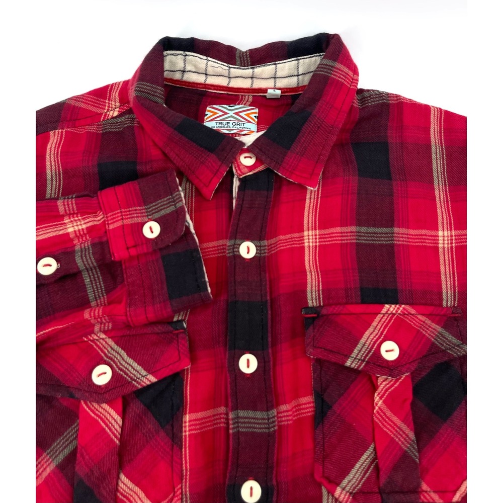 True Grit Mens Red Plaid Button Shirt Roll Tab Long Sleeve Large Cotton
